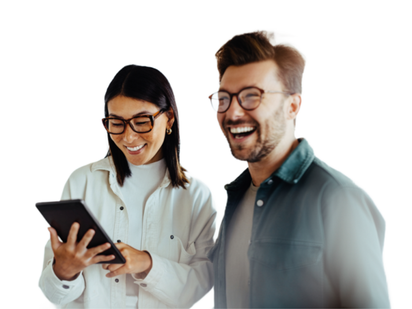 Junge Business People, Frau und Mann, mit Tablet freuen sich